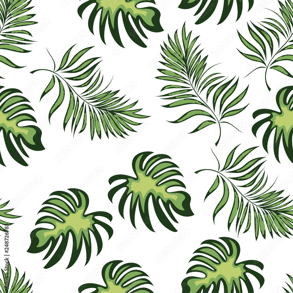 Seamless pattern of a tropical palm tree, jungle leaves. Vector floral pattern.