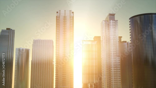 Business skyscrapers at sunset reflected in windows, Bangkok, Thailand. Vintage filtered.