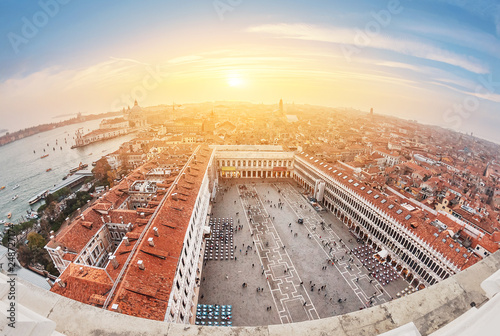 Fotografie, Obraz Aerial view over San Marco Square in Venice at the majestic sunset