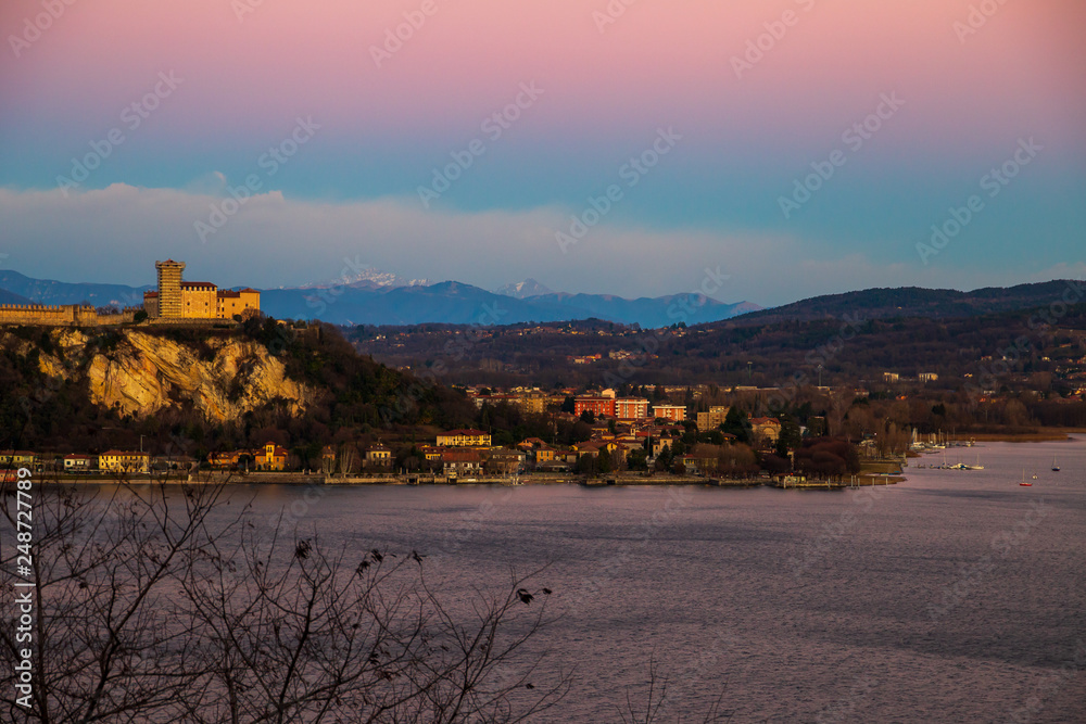 View of the Angera fortress at sunset