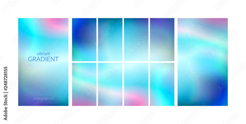 Vibrant and smooth gradient soft colors for devices and modern smartphone screen backgrounds set. 90s, 80s retro style. Rainbow graphic template for wallpaper, mobile screen,brochure, banner.