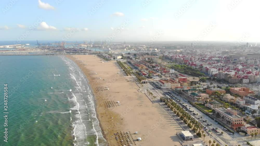 Aerial view from a Drone in beach of Valencia, Spain. 4k Video