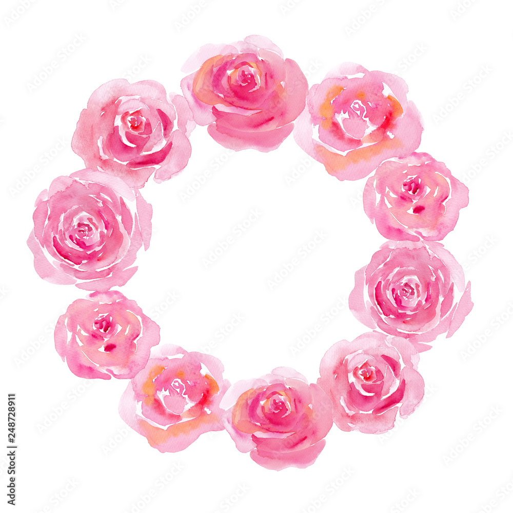 ピンクの薔薇の円形フレーム。水彩イラスト。