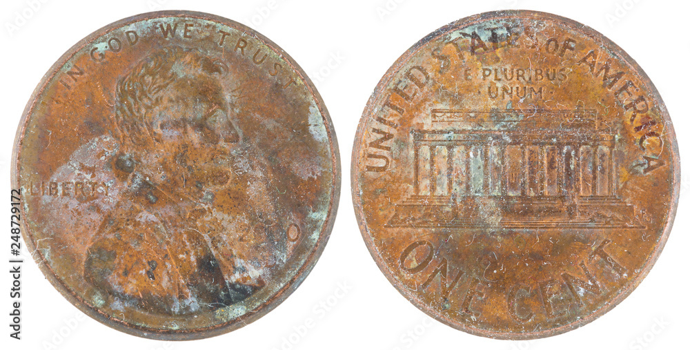 American coin one cent of 2000 on white background