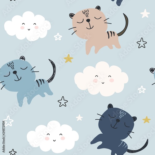 seamless pattern with cute clouds and cats. vector illustration,