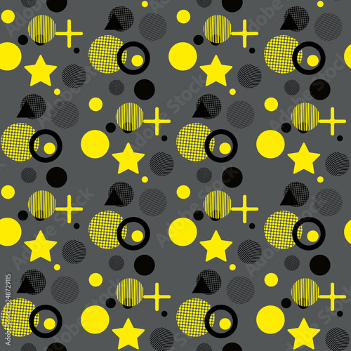 Universal vector fashion geometric seamless pattern. Flat repeated trendy design elements in black  yellow  memphis style. For package  wallpaper  textile