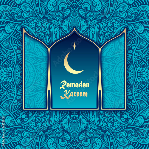 Template banner flyer Post Card with abstract Arabic pattern and view of Moon and of  Morning star from  window  in blue golden colors  for celebrated holiday Ramadan 