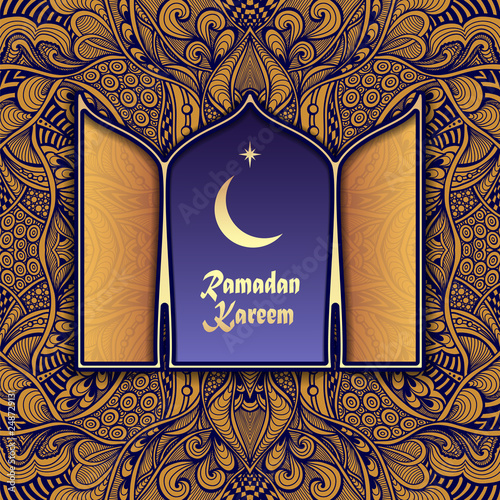 Template banner flyer Post Card with abstract Arabic pattern and view of Moon and of  Morning star from  window  in blue golden colors  for celebrated holiday Ramadan