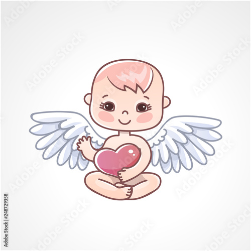 Angel baby with heart in hands on a white background. Greeting card for Valentine's day.
