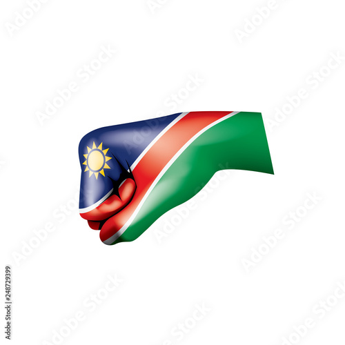 Namibia flag and hand on white background. Vector illustration