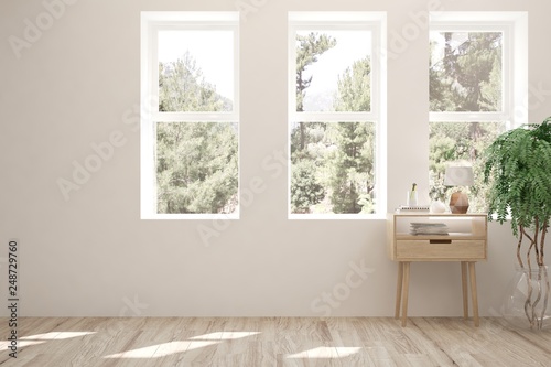 White stylish empty room with summer landscape in window. Scandinavian interior design. 3D illustration © AntonSh