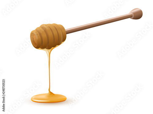 Perspective view of beautiful realistic wooden honey stick with flowing honey.