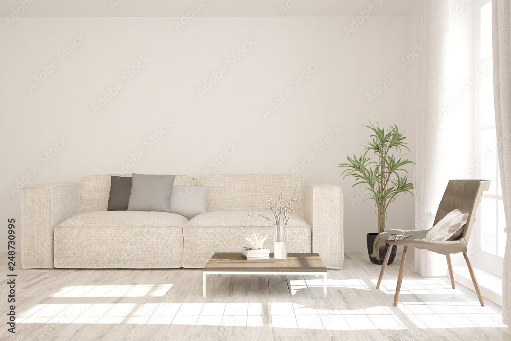 White stylish minimalist room with sofa. Scandinavian interior design. 3D illustration - obrazy, fototapety, plakaty 