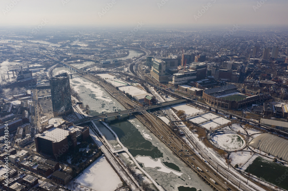 Aerial drone photo Schuylkill River frozen in winter Downtown Philadelphia
