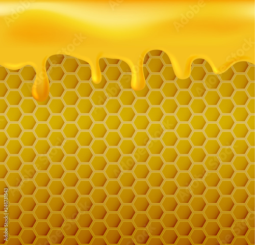 Flowing honey on yellow hexagonal realistic honeycomb seamless texture.