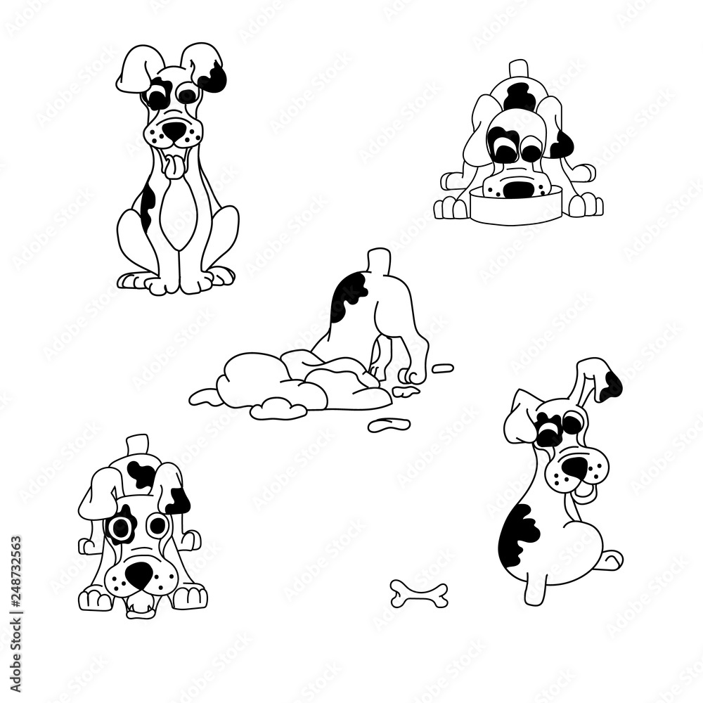 Vector set of cartoon imagesof a dog in different poses. Drawing is made by  hand, not
