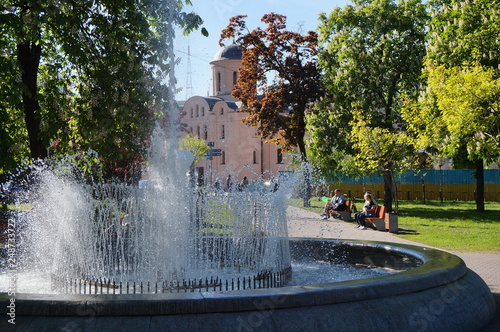 Fountain on the lake in the landscape park Mezhigirya near Kiev, Ukraine. photo