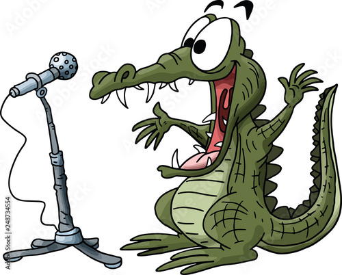 Cartoon alligator making a speech on a stage vector illustration