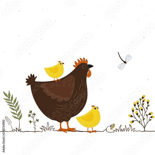 Card with funny cartoon chickens and butterfly