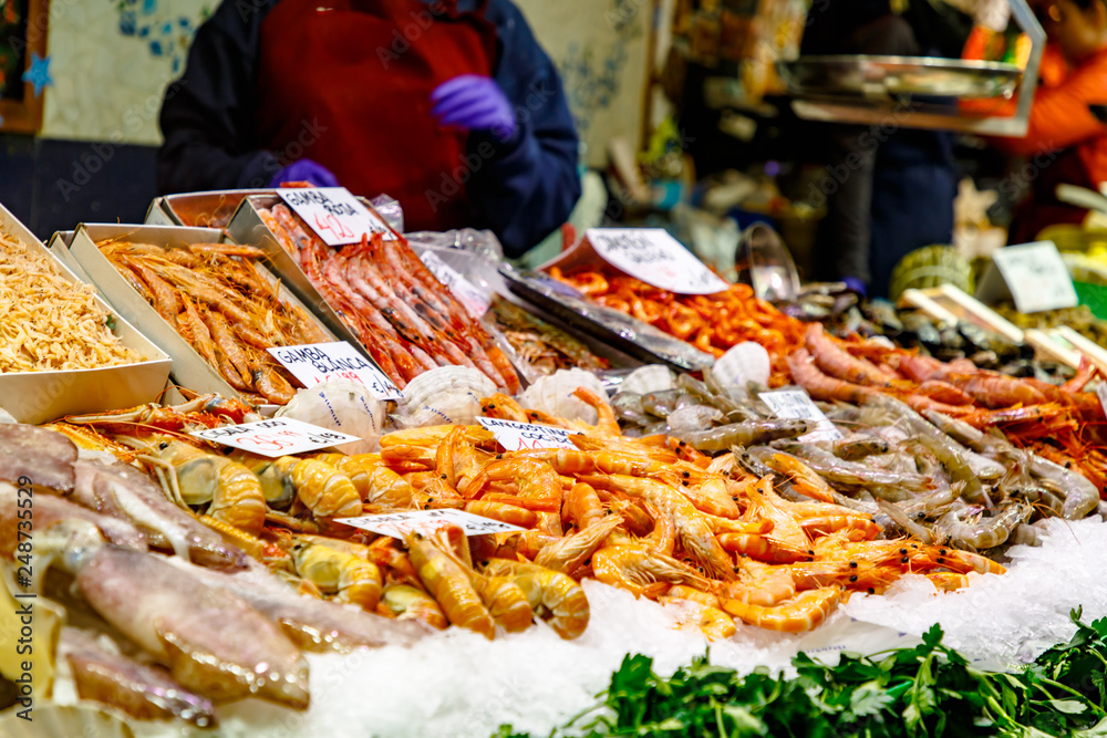 Various shrimps, shellfish and other seafood are sold on the market