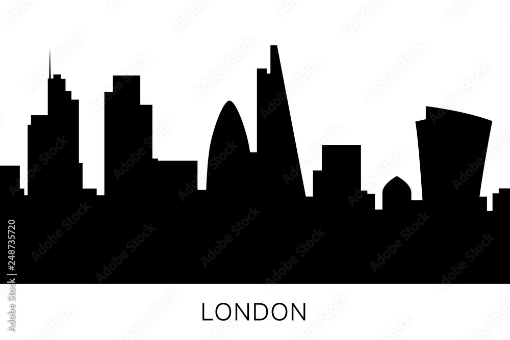London skyline and landmarks silhouette. Great Britain, England flat icon. Cityscape black and white design isolated. Downtown vector illustration. United Kingdom famous buildings design.
