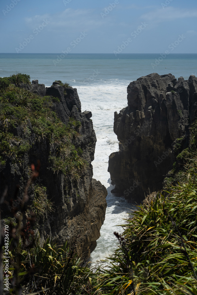 Punakaki Pancake Rocks in Paparoa National Park, West Coast, South Island, New Zealand, overview at the pancake rocks, near Fox Glacier