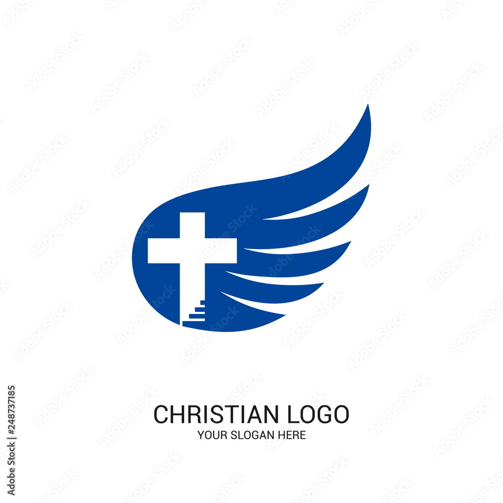 Obraz premium Christian church logo. Bible symbols. The wing of the Spirit, the cross and the steps leading to God.