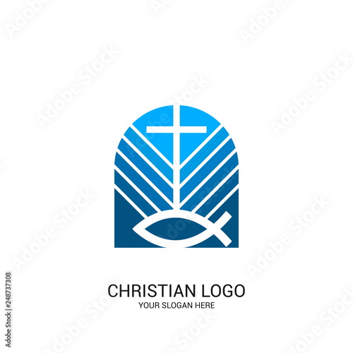 Christian church logo. Bible symbols. The sign of the fish and the cross of Jesus Christ.
