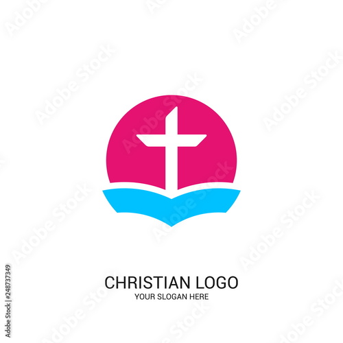 Christian church logo. Bible symbols. The open Bible and the cross of Jesus Christ.