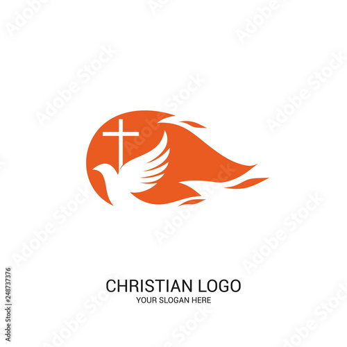 Christian church logo. Bible symbols. The dove and the flame are symbols of the Holy Spirit of God.