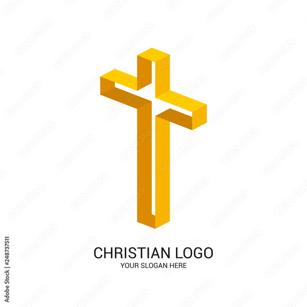 Christian church logo. Bible symbols. Cross of Jesus Christ, volumetric and turned in space