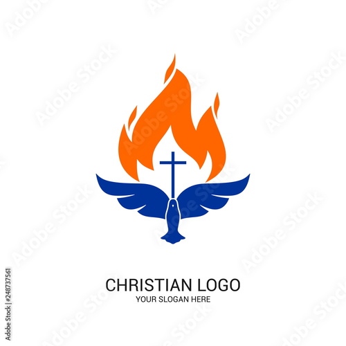 Christian church logo. Bible symbols. The cross of the Lord and Savior Jesus Christ, the dove and the flame.