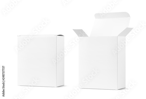Realistic blank cardboard packaging boxes mockup. Open and closed. Vector illustration isolated on white background. Can be use for medicine, food, cosmetic and other. Ready for your design. EPS10.