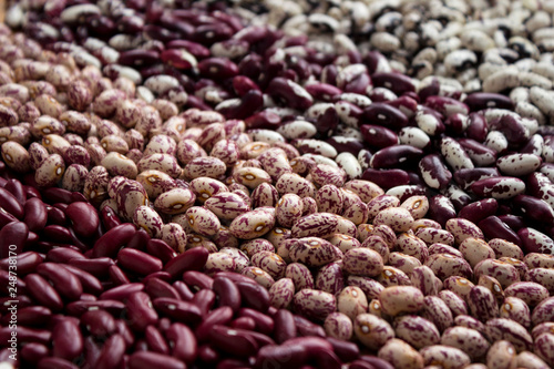 Different types of beans - kidney, variegated beans, anasazi, background. Leguminous photo