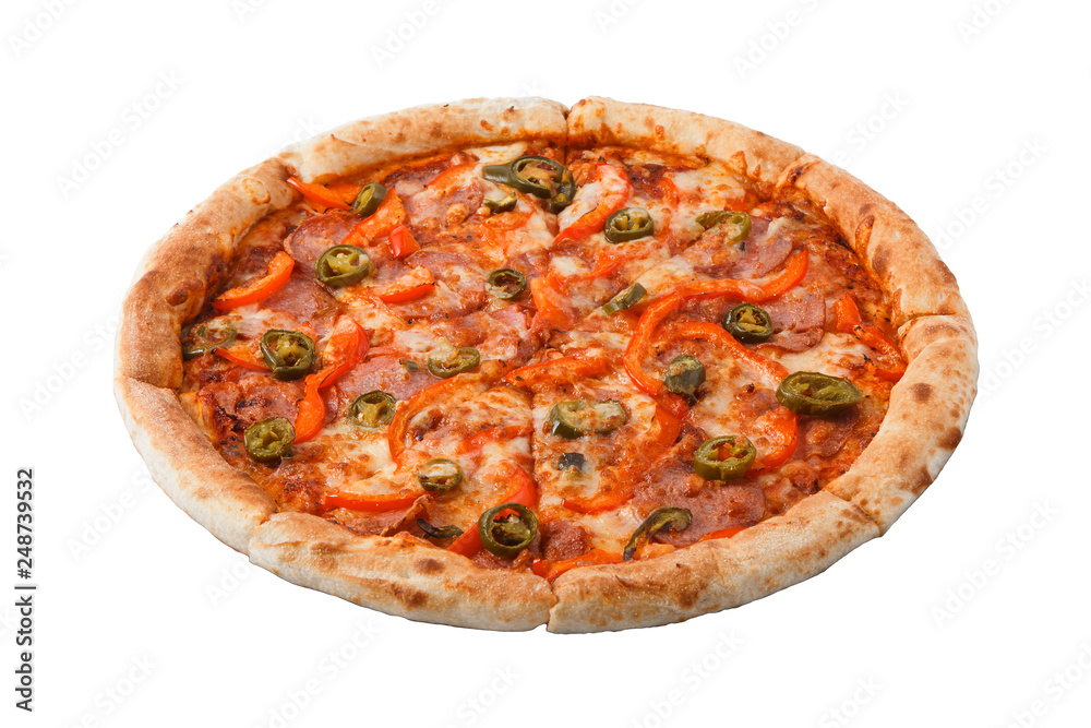 Delicious classic italian Burning Pizza with sausages, pepper, jalapeno sauce and cheese isolated on white background