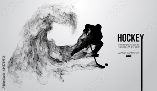 Abstract silhouette of a hockey player on white background from particles, dust, smoke, steam. Hockey player hits the puck. Background can be changed to any other. Vector illustration