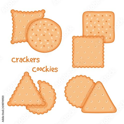 Tasty crackers and cookies set vector illustration. Cracker snack isolated, tasty bakery cookie