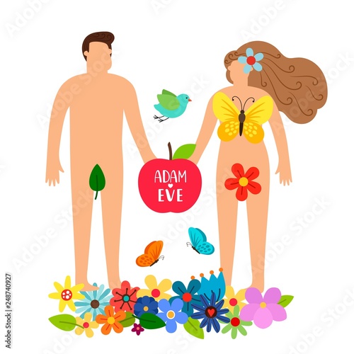 Adam and eve. Bible genesis vector illustration with naked woman, man, flowers and apple. Adam and eve in colored garden