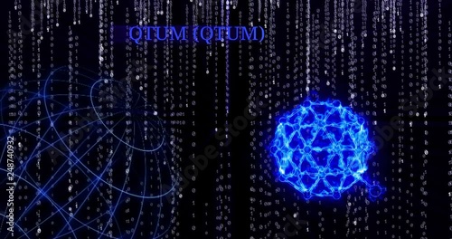 Glowing QTUM (QTUM) symbol against the falling binary code symbols photo