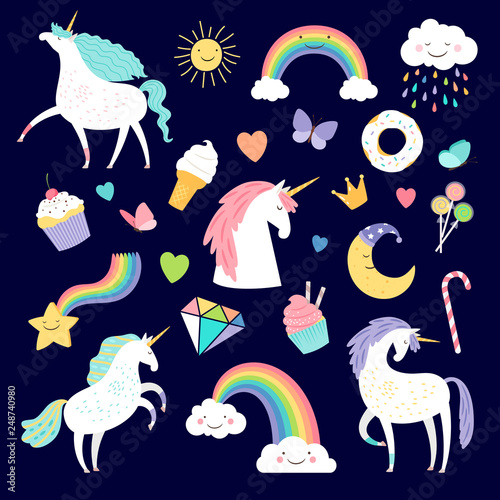 Unicorn and girlish elements rainbow, brilliant and cake. Vector unicorn and cake, sweet and horn illustration