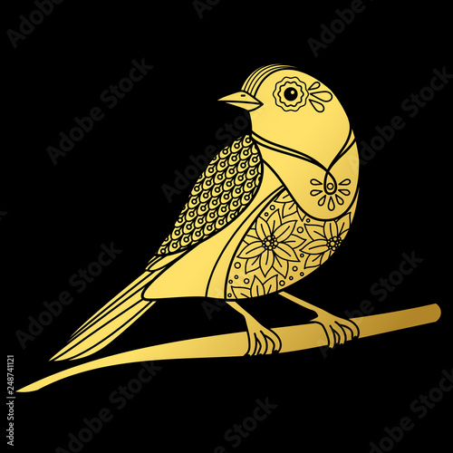 Gold ornate doodle bird on black backdrop. Vector gold bird graphic animal golden illustration