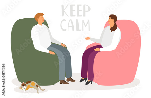 Man and woman are talking in a relaxed atmosphere. Keep calm vector concept. Illustration of psychiatrist and counseling patient, healthcare emotional psychology