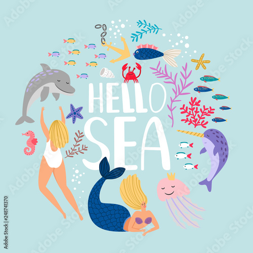 Hello sea, design of t-shirt. Fish algae and sea animals. Vector sea fish and aquatic underwater illustration