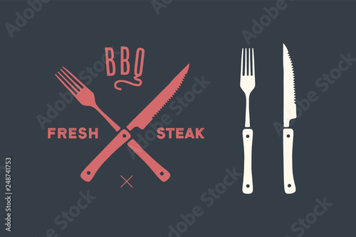 Meat cutting knives and forks set. Steak, butcher and BBQ supplies