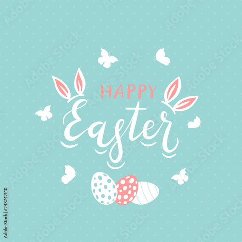 Lettering Happy Easter with Rabbit Ears on Blue Background