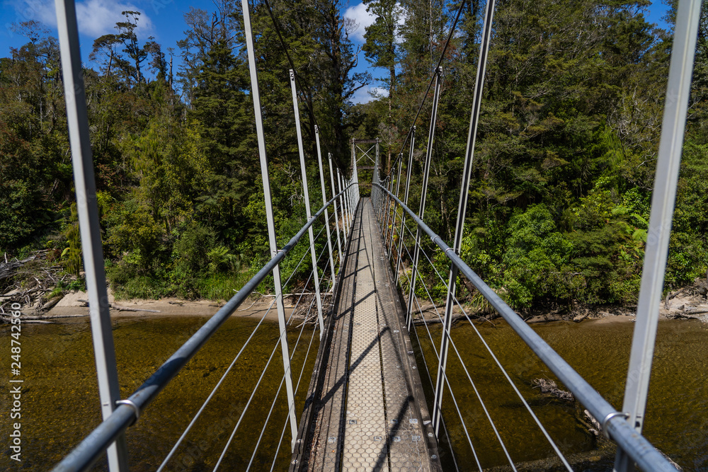 Fototapeta premium long bridge at Pororari River track, landscape on the Pororari River Track, new zealand, south island, Wild New Zealand forest or jungle, Catlins, South Island. 