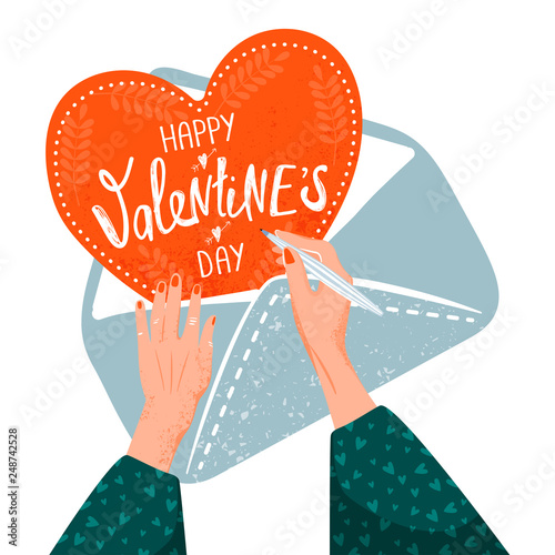 Valentine's day greeting card. Woman making a valentine card. Illustration with woman hands, envelope and card. Vector illustration on white background.