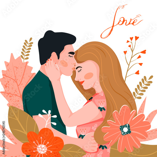Valentine's day card with happy couple. Handsome man kissing his girlfriend on the forehead. Illustration with flowers. Vector illustration on white background.