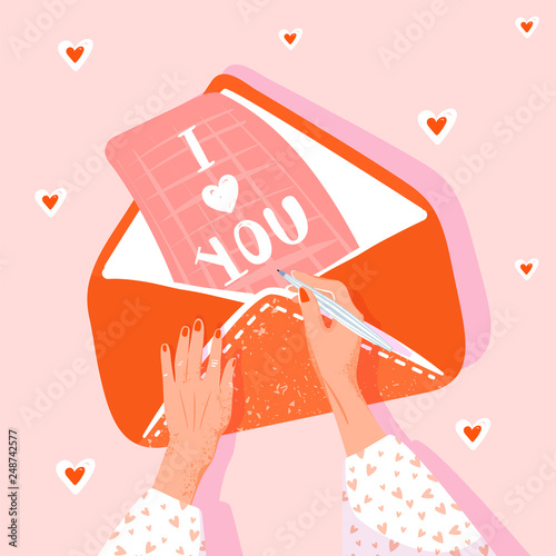 Valentine's day greeting card. Girl writes a love letter. Illustration with woman hands, envelope and letter. Vector illustration.