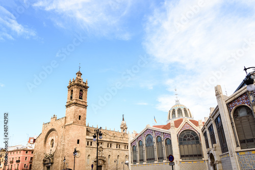 Exterior of tourist places in Valencia, Ciudad of Brujas square, with the central market and the church of Santos Juanes © Joaquin Corbalan